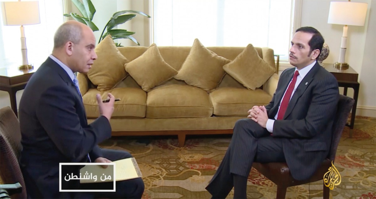 Deputy Prime Minister and Foreign Minister H E Sheikh Mohamed bin Abdulrahman Al Thani speaking during Al Jazeera’s “From Washington” programme.