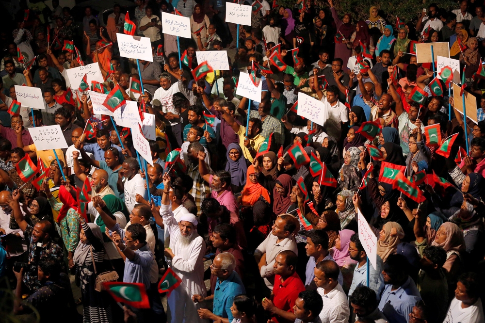 Opposition supporters protest against the government's delay in releasing their jailed leaders, including former president Mohamed Nasheed, despite a Supreme Court order, in Male, Maldives, February 4, 2018. Pictures taken February 4, 2018. REUTERS/String