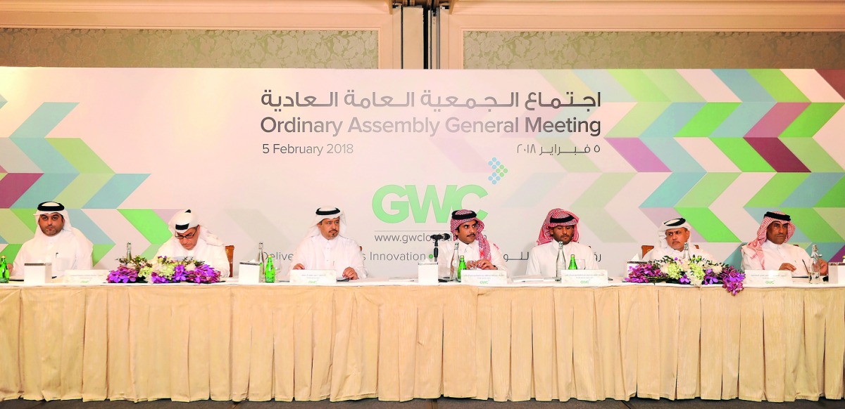 Sheikh Abdulla bin Fahad bin Jassim bin Jabor Al Thani, (centre) Chairman, Gulf Warehousing Company; and Sheikh Fahad bin Hamad bin Jassim bin Jabor Al Thani, (third right) Vice Chairman with other board members  during the Ordinary Assembly General meeti