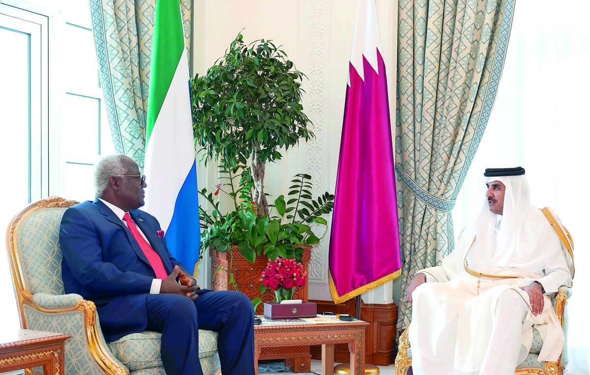 Emir H H Sheikh Tamim bin Hamad Al Thani holds official talks with the President of the Republic of Sierra Leone, Ernest Bai Koroma, at the Emiri Diwan, yesterday.