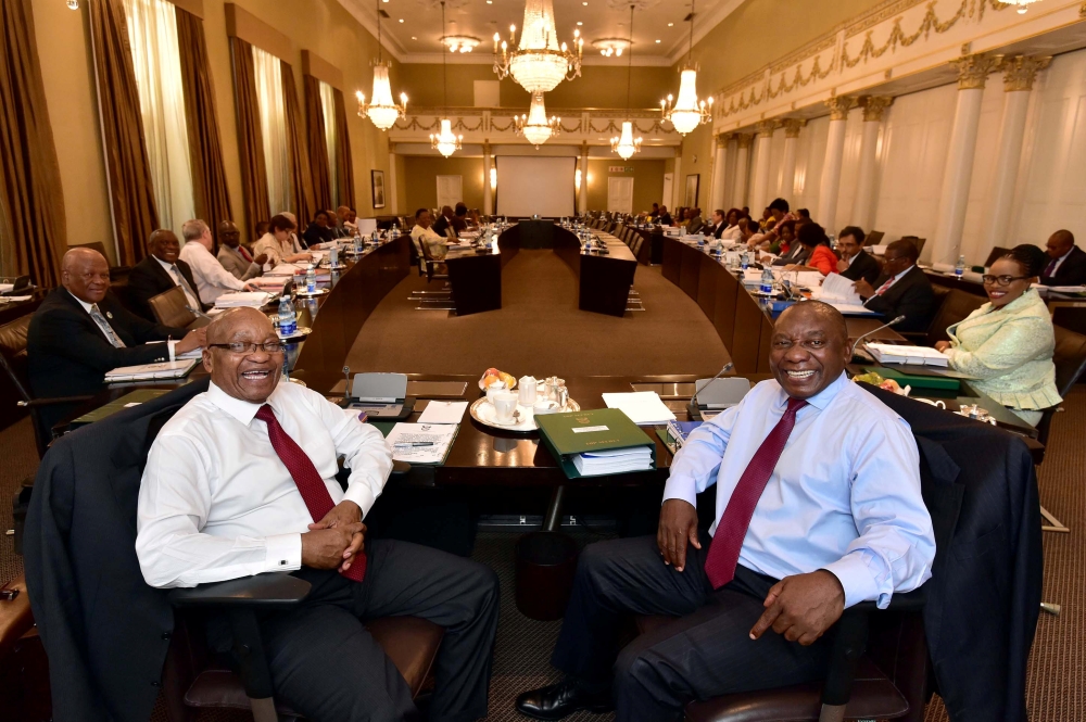 South African President Jacob Zuma and Deputy President Cyril Ramaphosa, are seen attending Cabinet Committee meetings in this government handout picture in Cape Town, South Africa, February 7, 2018. GCIS/ via Reuters
