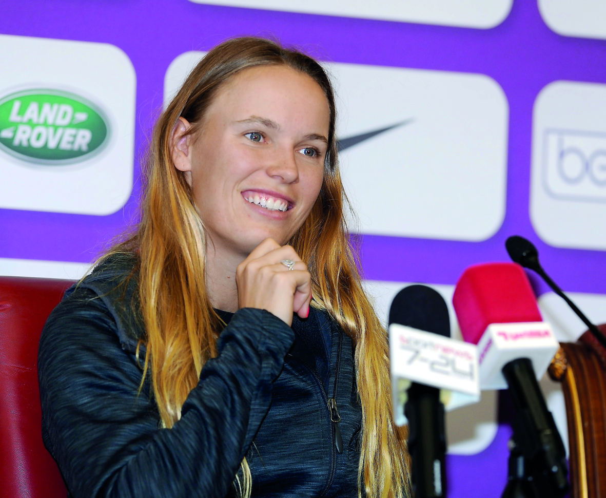 World No.1 Caroline Wozniacki speaks during a press conference ahead of the Qatar Total Open 2018 at the Khalifa International Tennis and Squash Complex in Doha yesterday. Picture: Salim Matramkot/The Peninsula