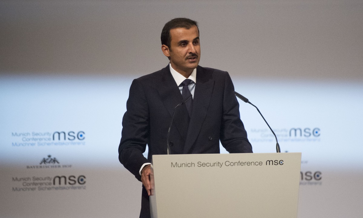 HH the Emir Sheikh Tamim bin Hamad Al-Thani delivering a speech in the opening session of the Munich Security Conference.