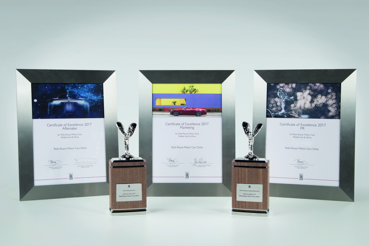 The certificates and awards won by the Rolls-Royce Motor Cars-Doha are seen in this picture.