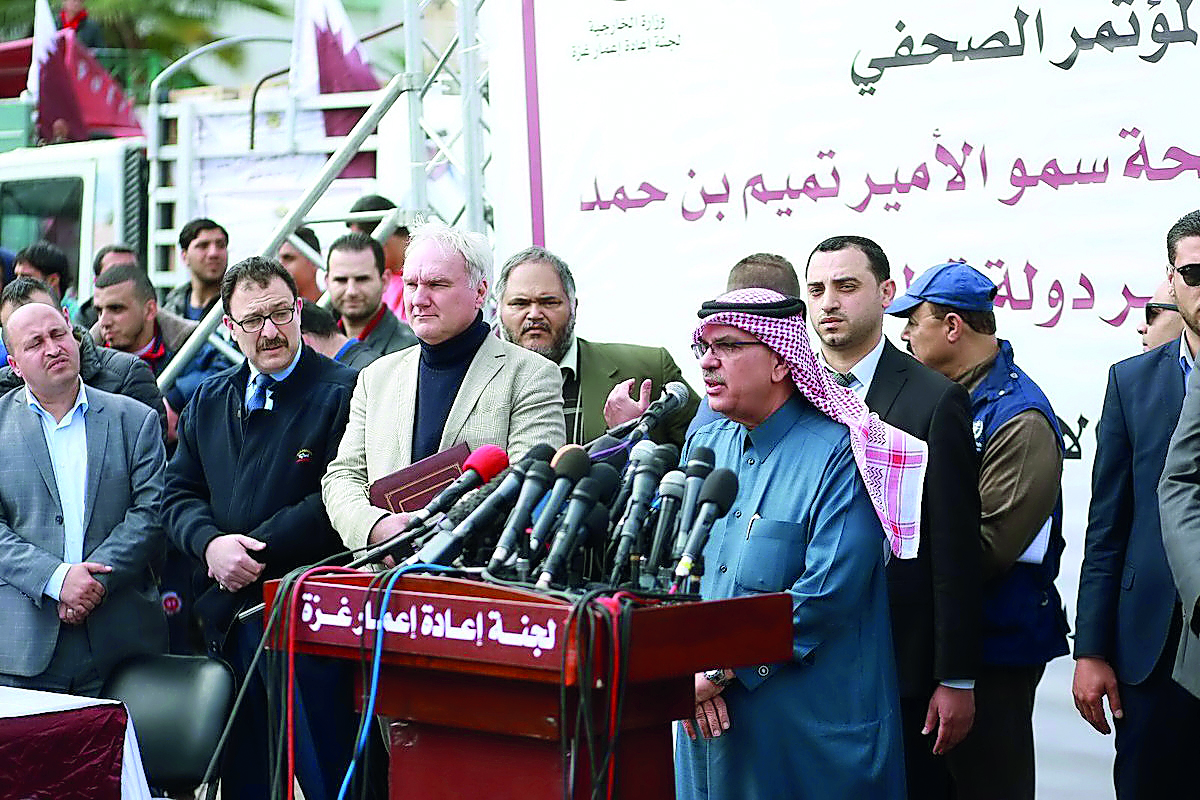 The Chairman of the National Committee for the Reconstruction of Gaza, Ambassador Mohammed bin Ismail Al Emadi, and other officials at a press conference at Al Shifa Medical Complex in Gaza.