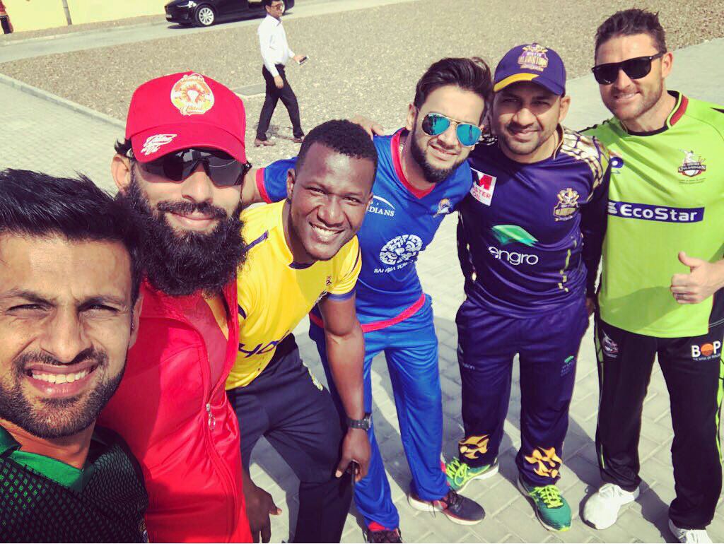 FROM LEFT: Captains of the Pakistan Super League (PSL) teams, Shoaib Malik (Multan Sultans), Misbah-ul-Haq (Islamabad United), Darren Sammy (Peshawar Zalmi), Imad Wasim (Karachi Kings), Sarfraz Ahmed (Quetta Gladiators) and Brendon McCullum (Lahore Qaland