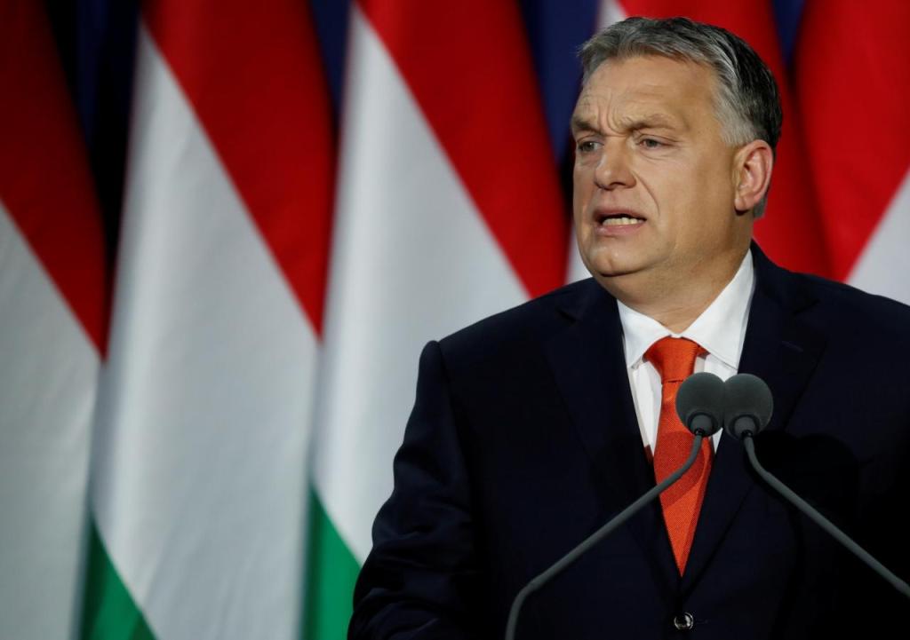 Hungarian Prime Minister Viktor Orban delivers his annual state of the nation speech in Budapest, Hungary, February 18, 2018. Slogan reads 