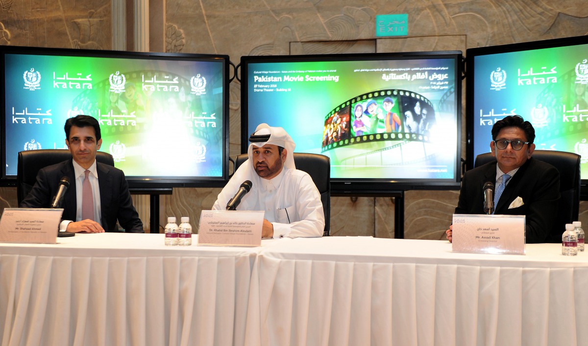 Dr Khalid bin Ibrahim Al Sulaiti (centre), General Manager of Katara Cultural Village; Shahzad Ahmad (left), Ambassador of Pakistan to Qatar; and Mohammed Assad Khan, Pakistani film director, during the press conference at Katara yesterday. Pic: Abdul Bas