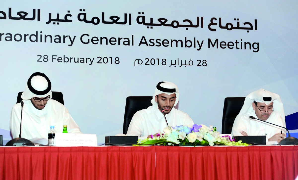 The Vice-Chairman of Mannai Corporation, Sheikh Suhaim bin Abdulla bin Khalifa Al Thani (centre), with other members of the board of directors, attending at the Extraordinary General Assembly held at the InterContinental Hotel in Doha yesterday. Pic: Sali
