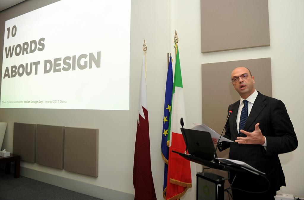 Italian Minister of Foreign Affairs Angelino Alfano speaking on Italian Design Day at Msheireb Enrichment center yesterday. Pic: Abdul Basit