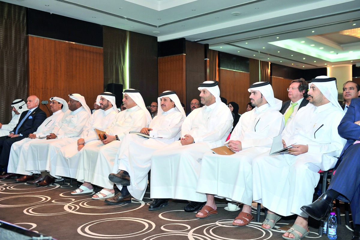 Sheikh Khalifa bin Jassem Al Thani (fourth right), Chairman of Qatar Chamber; with Sheikh Abdullah bin Ali Al Thani (third right), Managing Director and Member of the Board, Qatar Leadership Centre;  Mohammed bin Ahmed Al Obaidly  (fifth right), Board Mem
