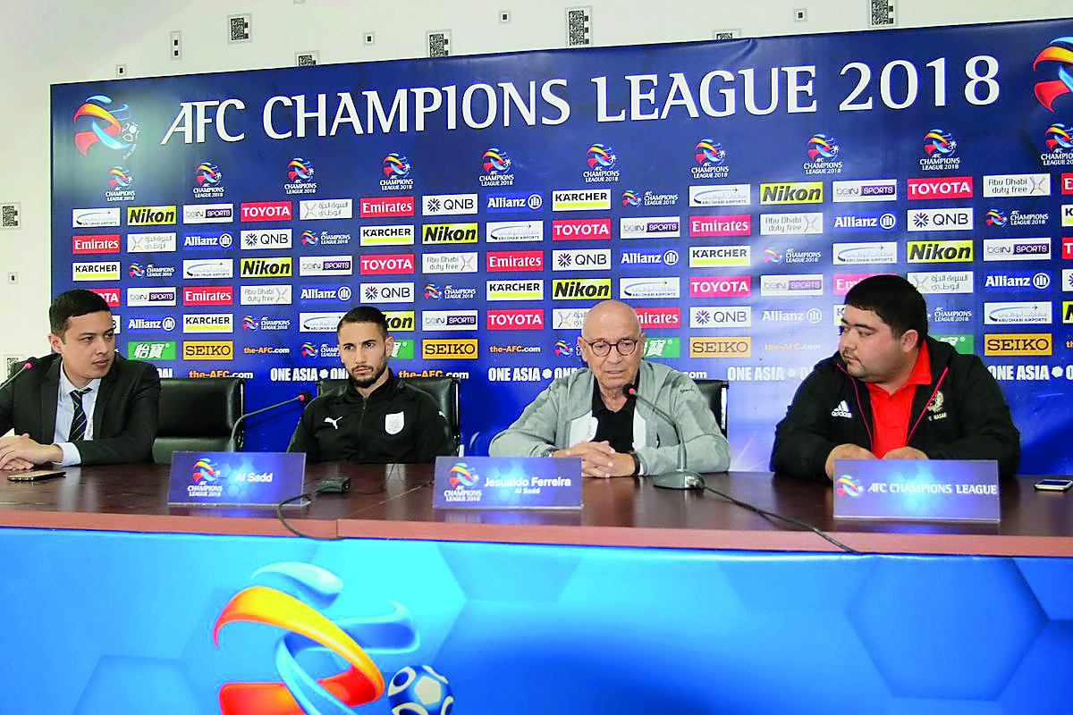 Al Sadd coach Jesualdo Ferreira (second right) speaking to journalists ahead of their AFC Champions League clash against Nasaf at Qarshi Markaziy Stadium in Qarshi, Uzbekistan today. 
