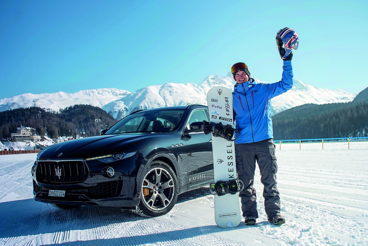 Britain’s fastest snowboarder Jamie Barrow gestures after breaking his own record in St Moritz.
