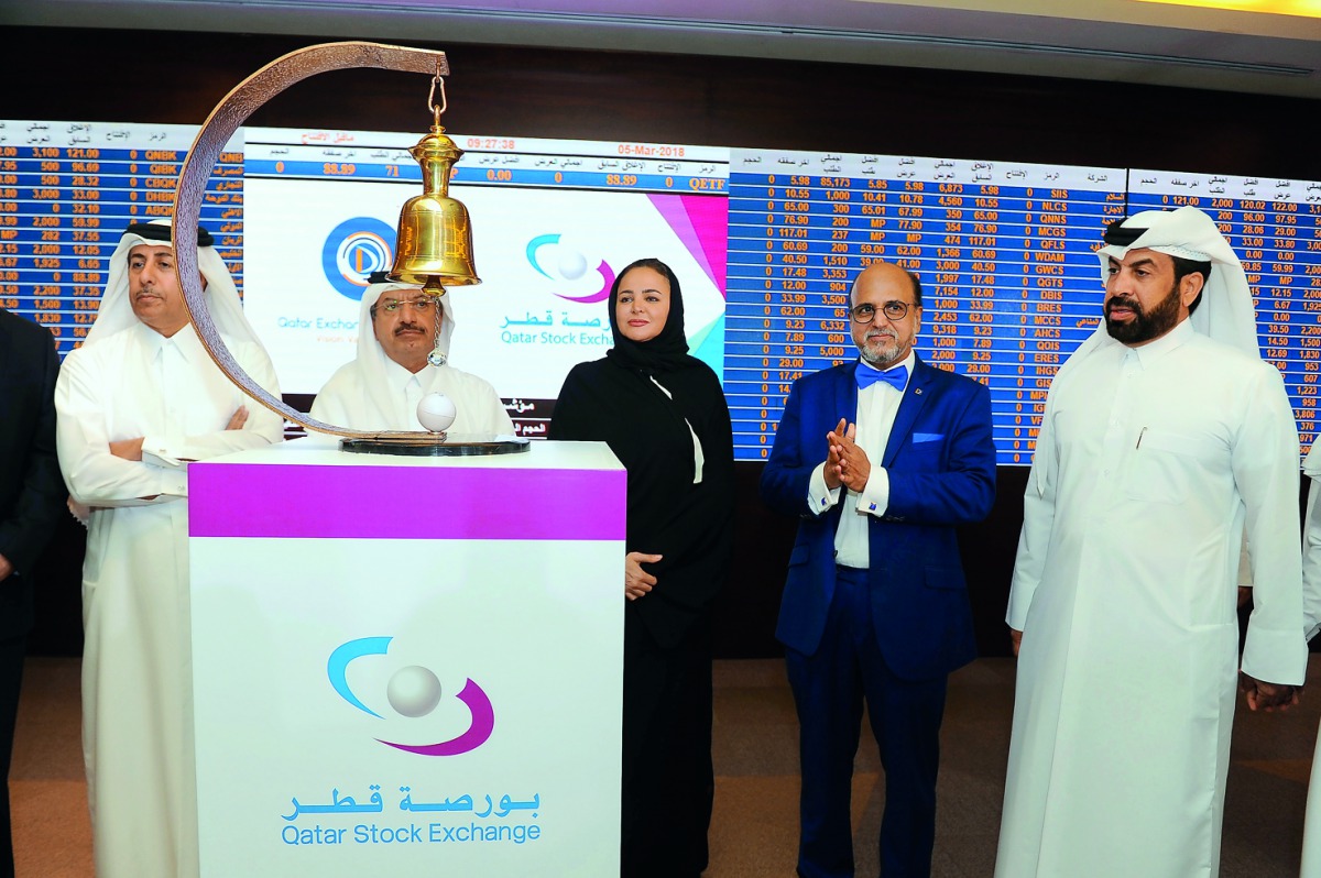 Rashid Ali Al Mansoori, CEO of the Qatar Stock Exchange (right) Sheikha Hanadi Nasser bin Khaled Al Thani (centre), Chairperson of Amwal; Dr R Seetharaman (second right), Group CEO, Doha Bank along with other officials during the listing of ETF at Qatar S