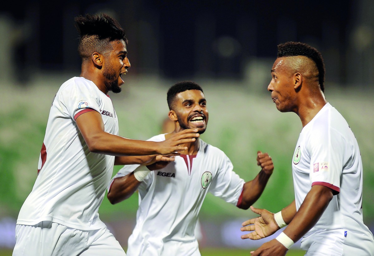 Al Markhiya players celebrate a goal against Al Ahli during their QSL game on Saturday at Al Ahli Stadium. Picture: Abdul Basit/The Peninsula