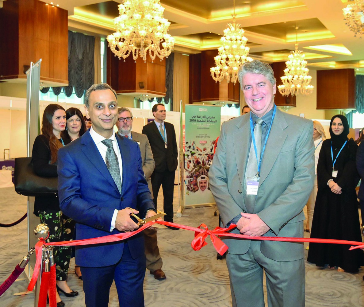 Ajay Sharma, British Ambassador to Qatar, inaugurating ‘Study in the UK’ exhibition at La Cigale Hotel, yesterday.