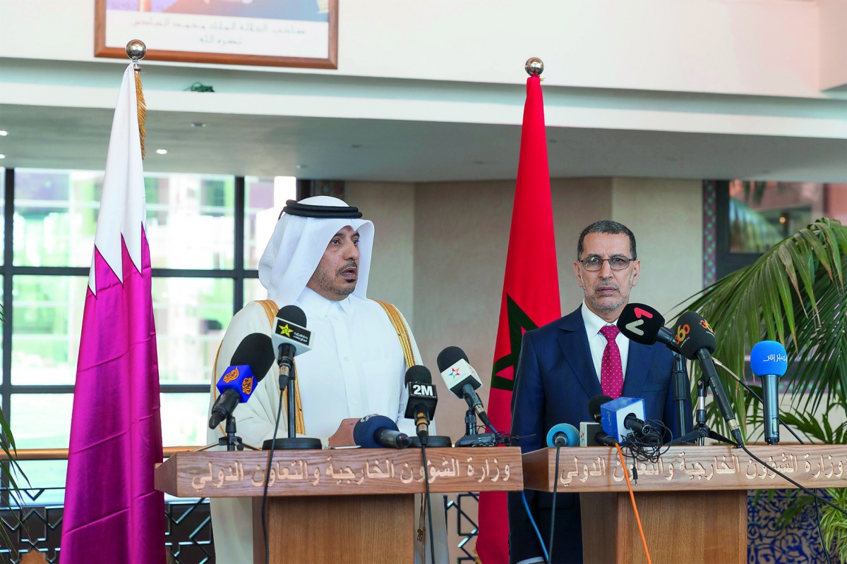 Prime Minister and Interior Minister H E Sheikh Abdullah bin Nasser bin Khalifa Al Thani and the Prime Minister of the Kingdom of Morocco, Saad Eddine El Othmani,  addressing the media in Rabat, yesterday.