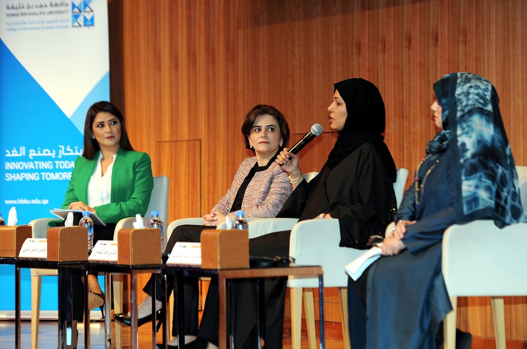 From left, Salma Al Jamal, TV Presenter, Al Jazeera Channel, and moderator of the session, Dr Ghadeer Assiri, Kuwaiti Activist, Dr Hend Al Muftah, Member of Shura Council, and Nashia Al Karoosi, Vice President, Coordinating Committee of Women Parliament o