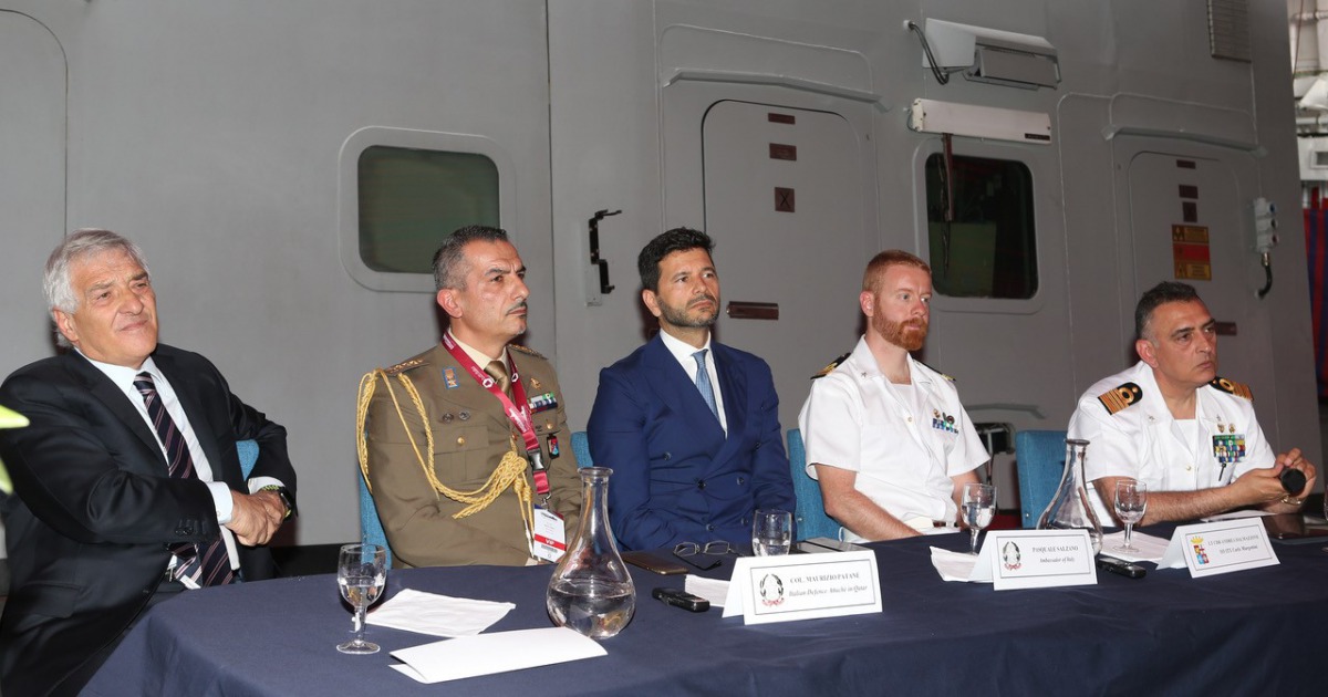 Admiral Valter Girardelli, Chief of the Italian Navy, with other officials during a press conference announcing the visit of Roberta Pinotti, the Italian Minister for Defence, on the occasion of Dimdex 2018, yesterday. 
