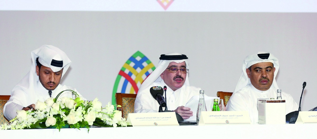 Ahmad Saif Al Sulaiti (centre), Vice Chairman, Nakilat, addressing the annual general assembly yesterday, as Abdullah Al Sulaiti (left), Nakilat’s Chief Executive Officer; and Ali Ahmed Al Kuwari, Board Member look on.