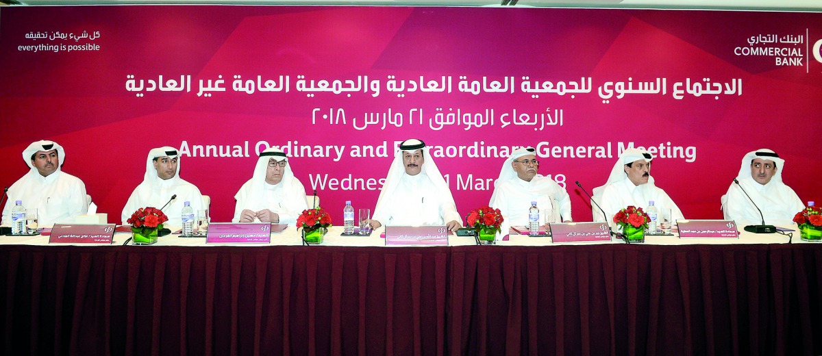 The Chairman of Commercial Bank (CBQ), Sheikh Abdulla bin Ali bin Jabor Al Thani (centre), and Vice Chairman, Hussain Ibrahim Alfardan (third left), with other members of board of directors attending the Annual Ordinary and Extraordinary General Meeting o