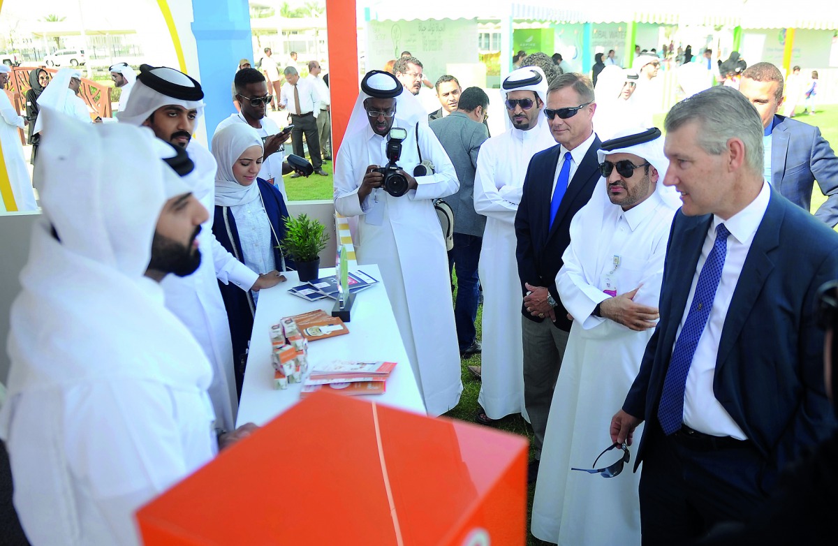 Abdulaziz Ahmed Al Hammadi (second right), Director of Kahramaa’s Energy Efficiency and Rationalization Department, with other officials and guests at the Opening of  2nd Tarsheed Carnival at Kahramaa Awareness Park yesterday. Pic: Abdul Basit / The Penin