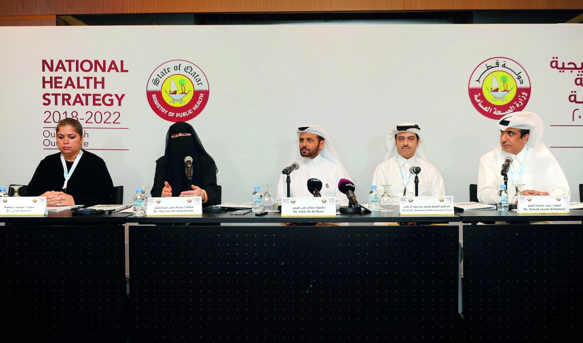 Dr. Juliet Ibrahim (left), Director of E-Health Department, MoPH; Mariam Alabdulmalik (second left), Managing Director of PHCC; Dr Saleh bin Ali Al Marri (centre), Assistant Secretary-General for Medical Affairs; Sheikh Mohammed bin Hamad Al Thani (second