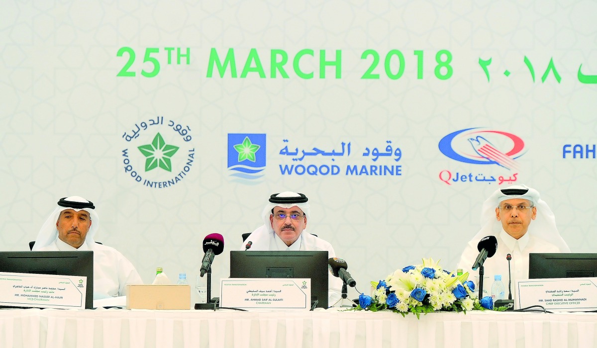 The Chairman of the Board of Directors of WOQOD Ahmad Saif Al Sulaiti (centre); Vice-Chairman Mohammed Nasser Mubarak Al Hajri (left); Chief Executive Officer, Saad Rashid Al Muhannadi at the company’s General Assembly Meeting, yesterday.   Pic: Abdul Bas