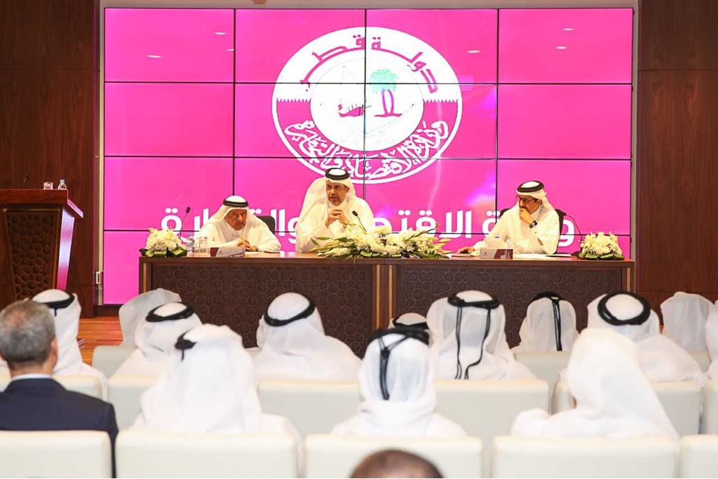 H E Sheikh Ahmed bin Jassem bin Mohamed Al Thani, Minister of Economy and Commerce; Sheikh Faisal bin Jassem Al Thani, Chairman of Qatar Businessmen Association; and Sheikh Khalifa bin Jassem Al Thani, Chairman of Qatar Chamber of Commerce; during a meeti