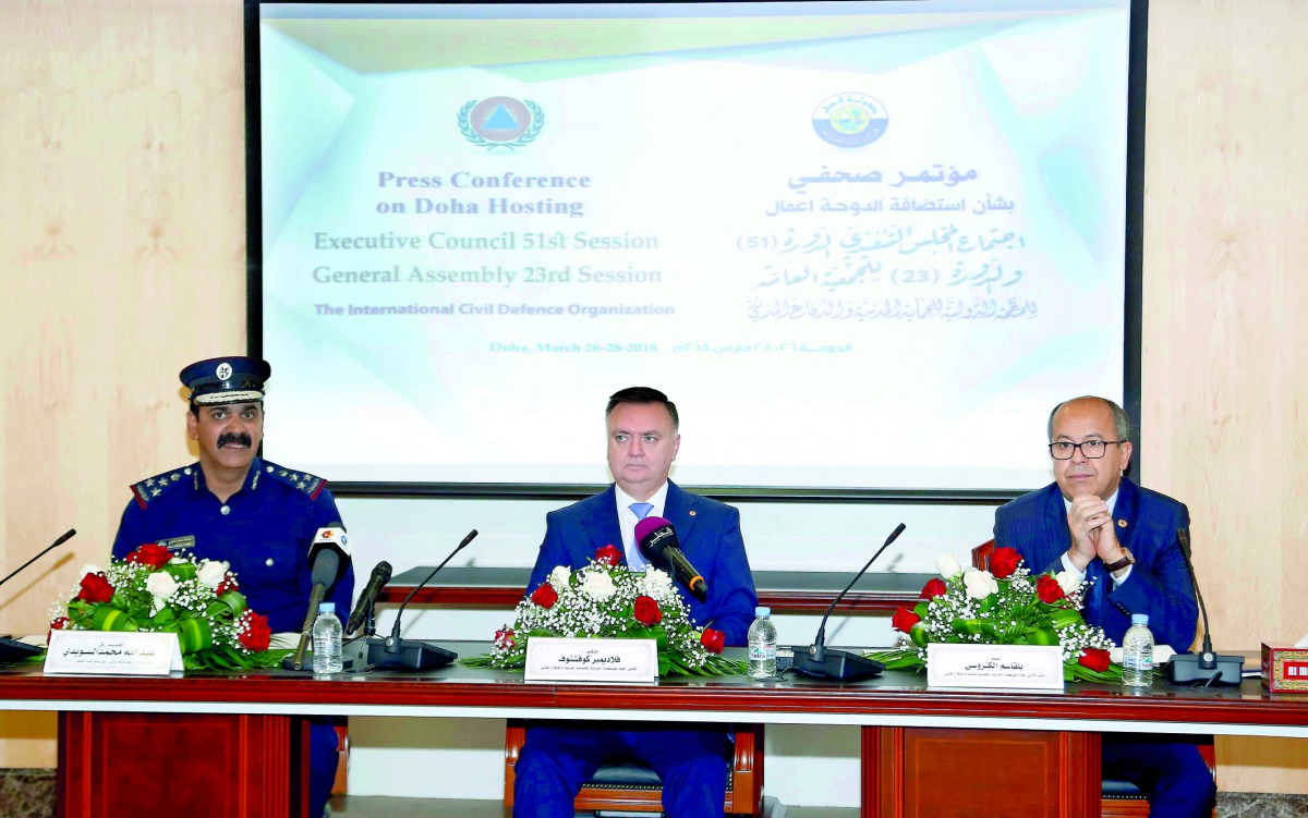The Director-General of General Directorate of Civil Defence, Brig. Abdullah Mohammed Al Suwaidi, the Secretary-General of ICDO, Dr Vladimir Kuvshinov, and the Deputy Secretary-General, Belkacem Elketroussi, at a press conference yesterday.