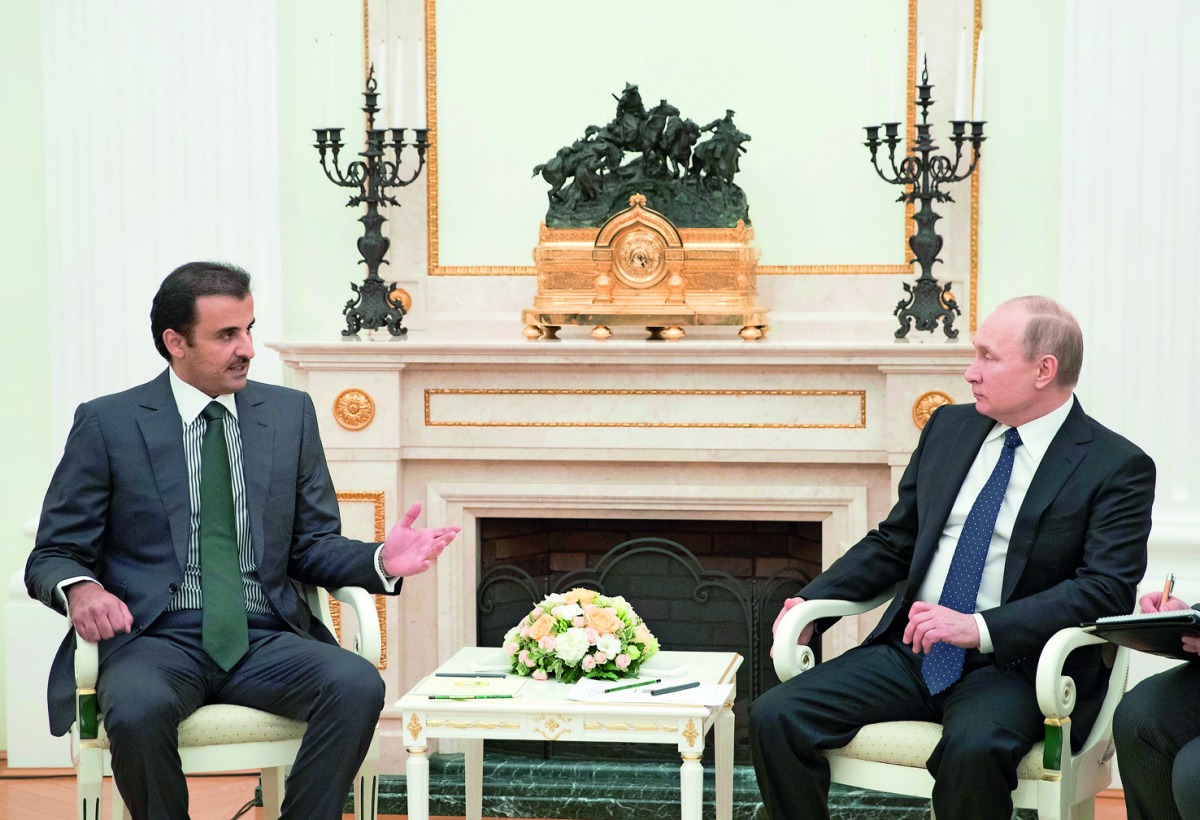 Emir H H Sheikh Tamim bin Hamad Al Thani with President of Russian Federation Vladimir Putin at the Kremlin Palace, in Moscow, yesterday.