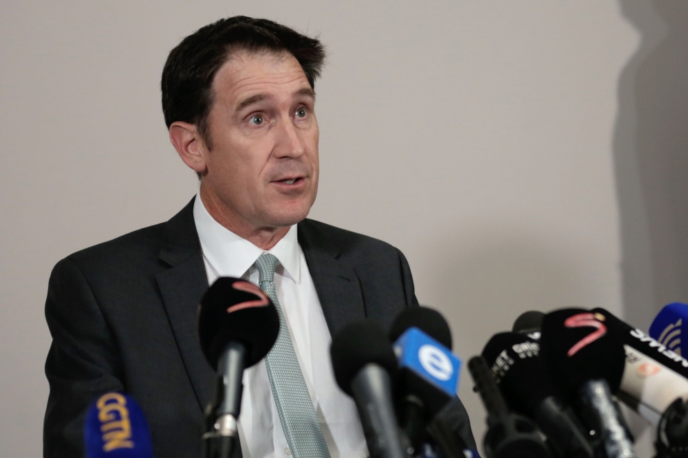 James Sutherland, CEO of Cricket Australia, speaks to the media after the team was caught cheating in the Sunfoil Test Series between between Australia and South Africa on March 27, 2018. AFP / GULSHAN KHAN