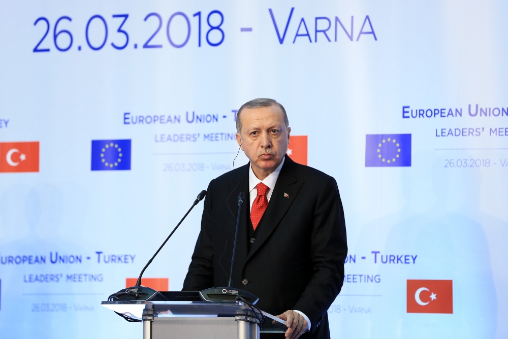 President of Turkey Recep Tayyip Erdogan, at a press conference after Turkey-EU Summit in Varna, Bulgaria on March 26, 2018. (Kayhan Özer - Anadolu Agency)