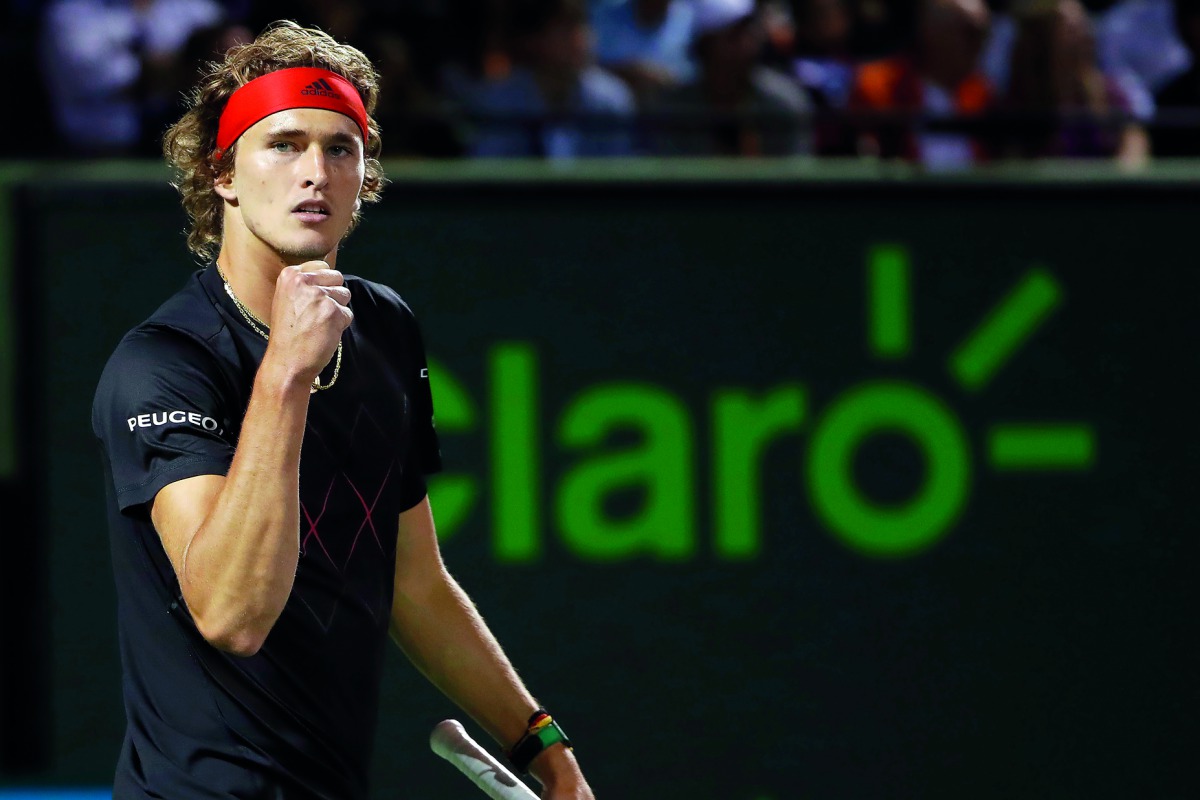 Alexander Zverev of Germany reacts after winning the first set against Nick Kyrgios of Australia (not pictured) on day eight of the Miami Open at Tennis Center at Crandon Park. Zverev won 6-4, 6-4. Credit: Geoff Burke / USA Today Sports