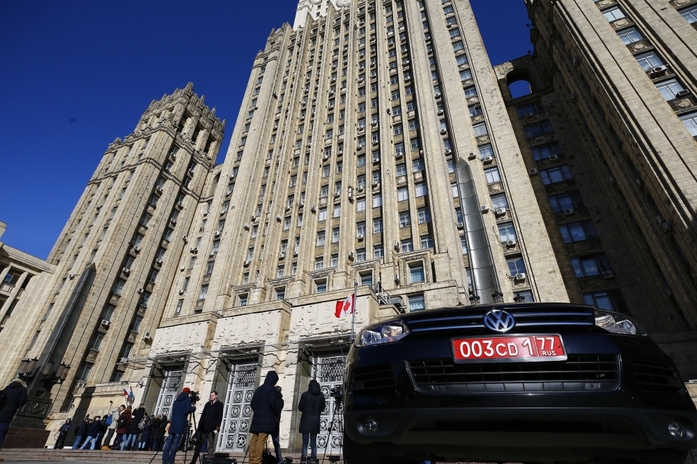 Flag on the car of Canadian Ambassador is seen in front of Russian Foreign Ministry building in Moscow, Russia on March 30, 2018. (Sefa Karacan - Anadolu Agency)