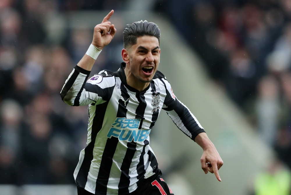 Newcastle United's Ayoze Perez celebrates scoring their first goal with Kenedy, March 31, 2018. REUTERS/Scott Heppell