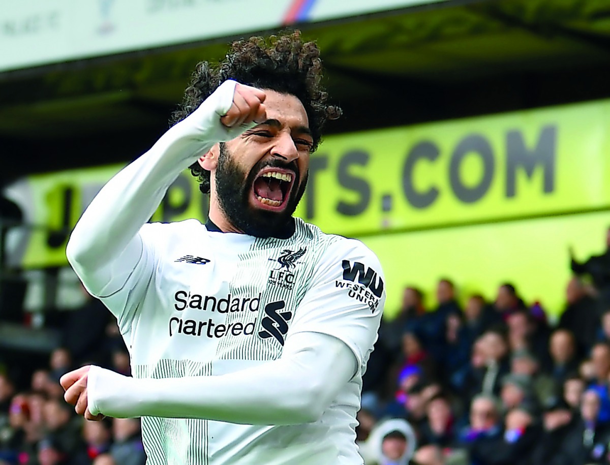 Liverpool's Mohamed Salah celebrates scoring their second goal. Crystal Palace vs Liverpool,  Selhurst Park, London, March 31, 2018. Reuters/Dylan Martinez