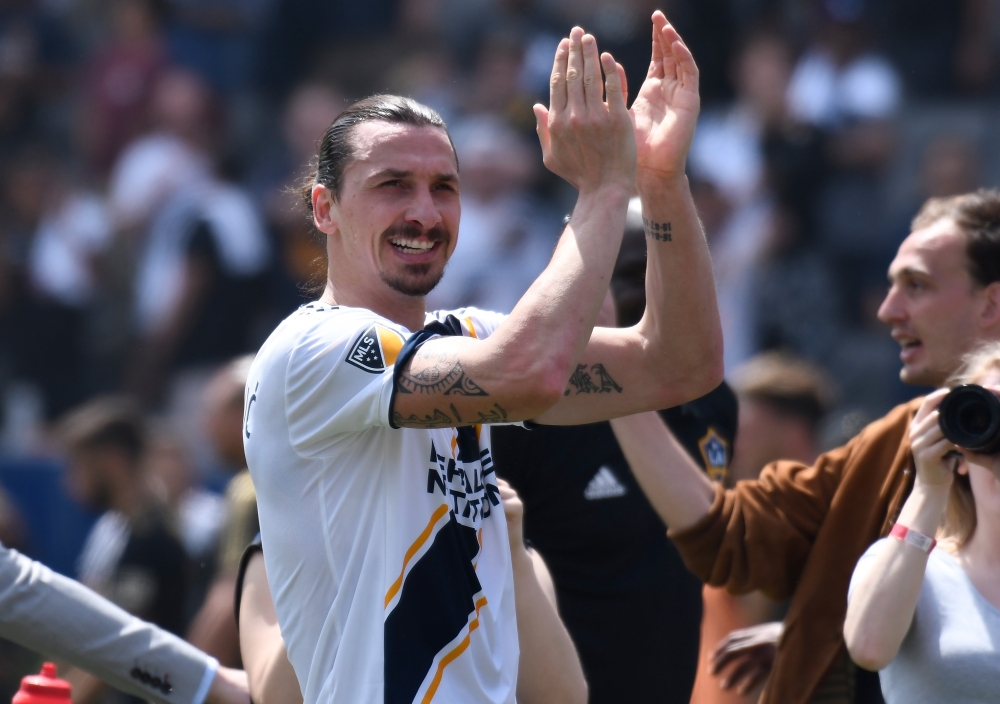 Los Angeles Galaxy forward Zlatan Ibrahimovic (9) claps after leading the Galaxy to a 4-3 win over Los Angeles FC at StubHub Center. Robert Hanashiro
