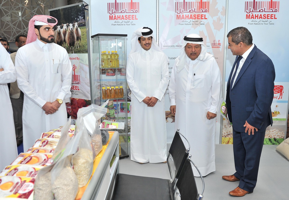 H E Sheikh Faisal bin Qassim Al Thani, Chairman of Qatari Businessmen Association, along with other officials at the Qatar Self-Sufficiency Exhibition 2018 held at DECC yesterday.  Pic: Baher Amin / The Peninsula