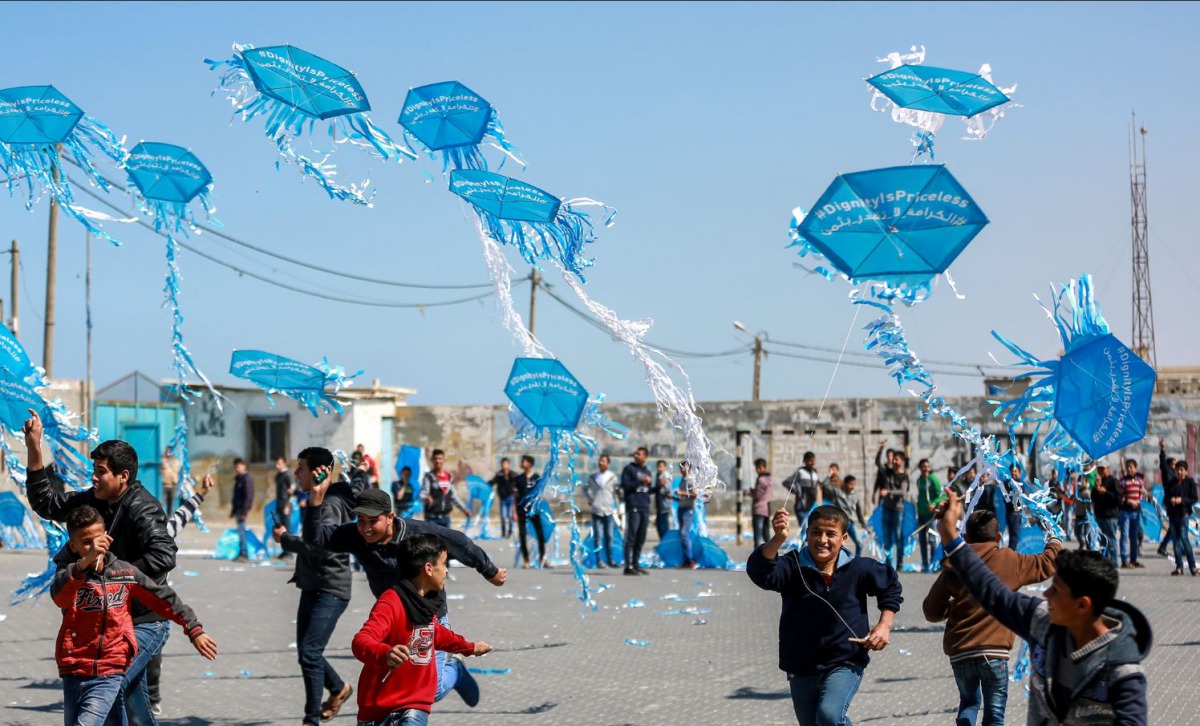 Students from UNRWA schools across the Middle East flew kites to send a message of hope, demanding that all the schools run by the Agency remain open, in spite of the financial crisis confronting UNRWA.