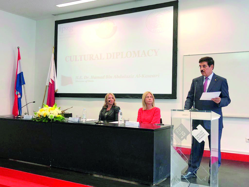 Minister of State H E Dr Hamad bin Abdulaziz Al Kawari delivering a lecture on ‘cultural diplomacy’ recently at Zagreb University, in Croatia. 