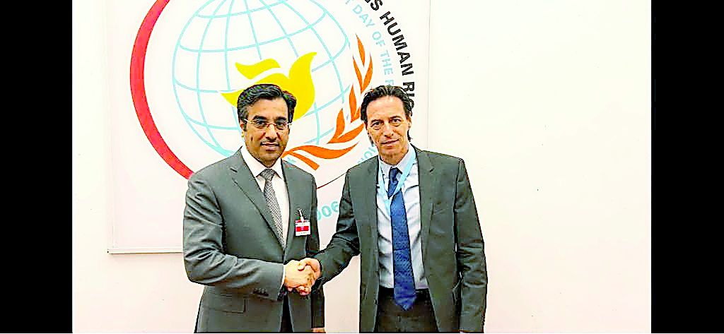 NHRC Chairman Dr Ali bin Smaikh Al Marri with UNHRC President Vojislav Suc in Geneva yesterday.