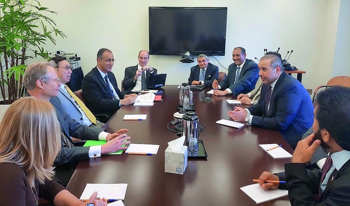 Minister of Economy and Commerce, H E Sheikh Ahmed bin Jassim bin Mohammed Al Thani, during the meeting with International Monetary Fund officials in Washington, DC, yesterday.