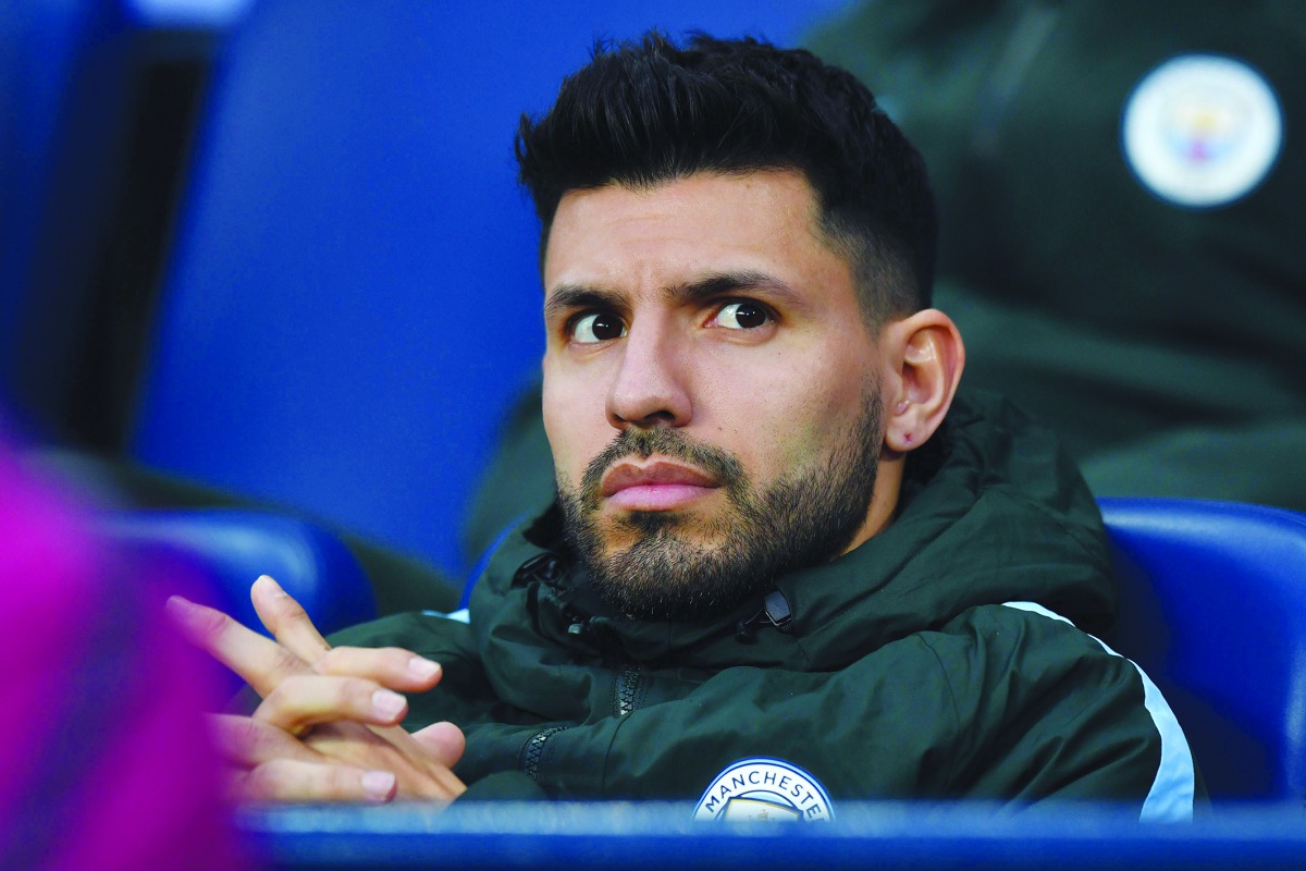 Manchester City's Argentinian striker Sergio Aguero sits on the bench ahead of the UEFA Champions League second leg quarter-final football match between Manchester City and Liverpool, at the Etihad Stadium in Manchester, north west England on April 10, 20
