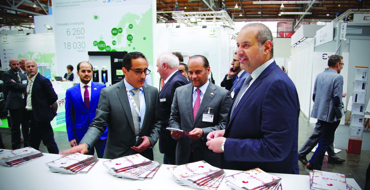 H E Sheikh Ahmed bin Jassim bin Mohammed Al Thani (right), Minister of Economy and Commerce, and Sheikh Saoud bin Abdulrahman Al Thani (second right), Ambassador of  Qatar to Germany, tour Qatar’s pavilion at Hannover Messe, the trade fair in Hannover, Ge