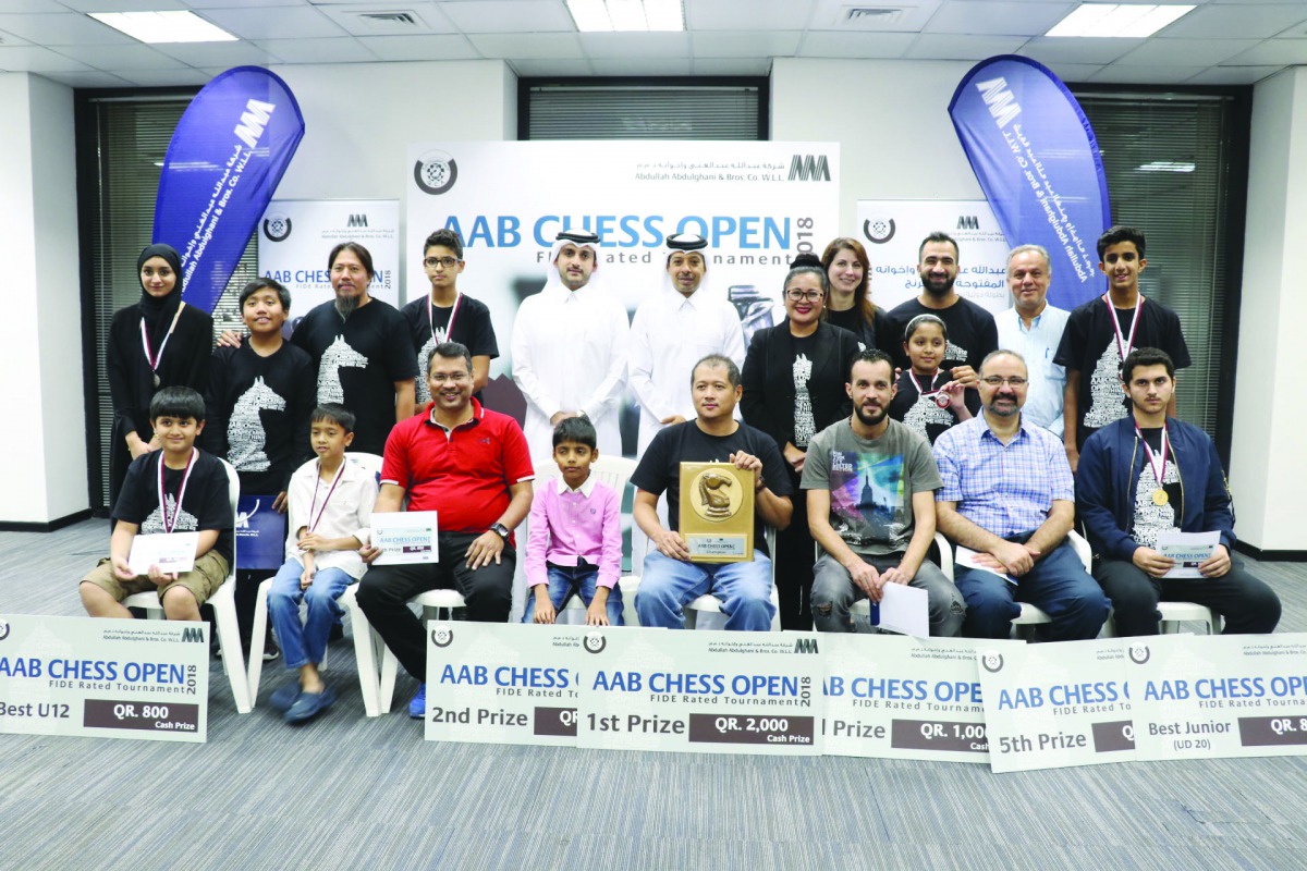 The winners of the first FIDE Rated Open Chess Tournament in Qatar with QCA and AAB Management Team. 