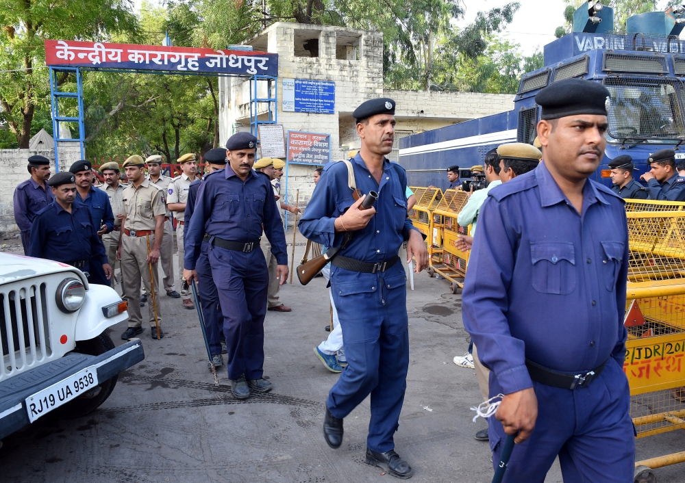 Police patrol outside Jodhpur Central Jail, where Asaram Bapu has been held since September 2013, in Jodhpur in the desert state of Rajasthan, India, April 25, 2018. REUTERS/Stringer