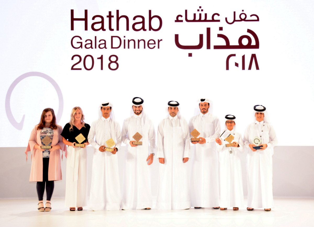 The winners of the respective Tours, Dressage levels and  Future Riders categories of the 12-leg hathab Series pose for a photograph with Vice President of the Qatar Olympic Committee (QOC) Dr. Thani Al Kuwari (Fifth left) during the season-ending gala di