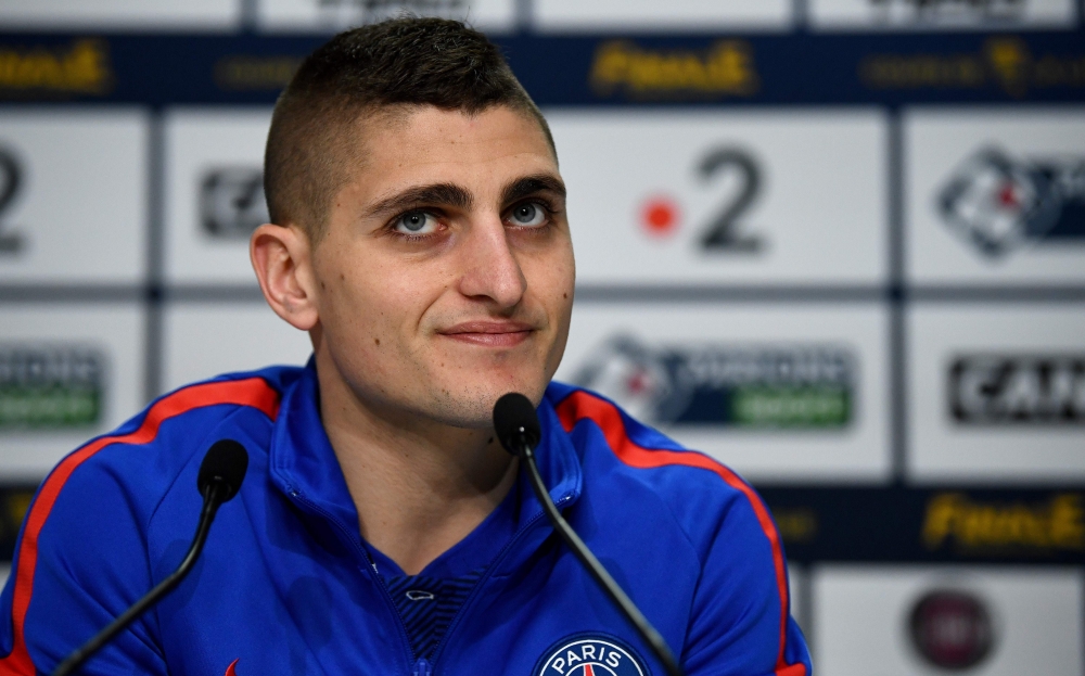 (FILES) In this file photo taken on March 30, 2018 Paris Saint-Germain's Italian midfielder Marco Verratti smiles during a press conference at the Matmut Atlantique Stadium in Bordeaux, southwestern France.  / AFP / FRANCK FIFE
