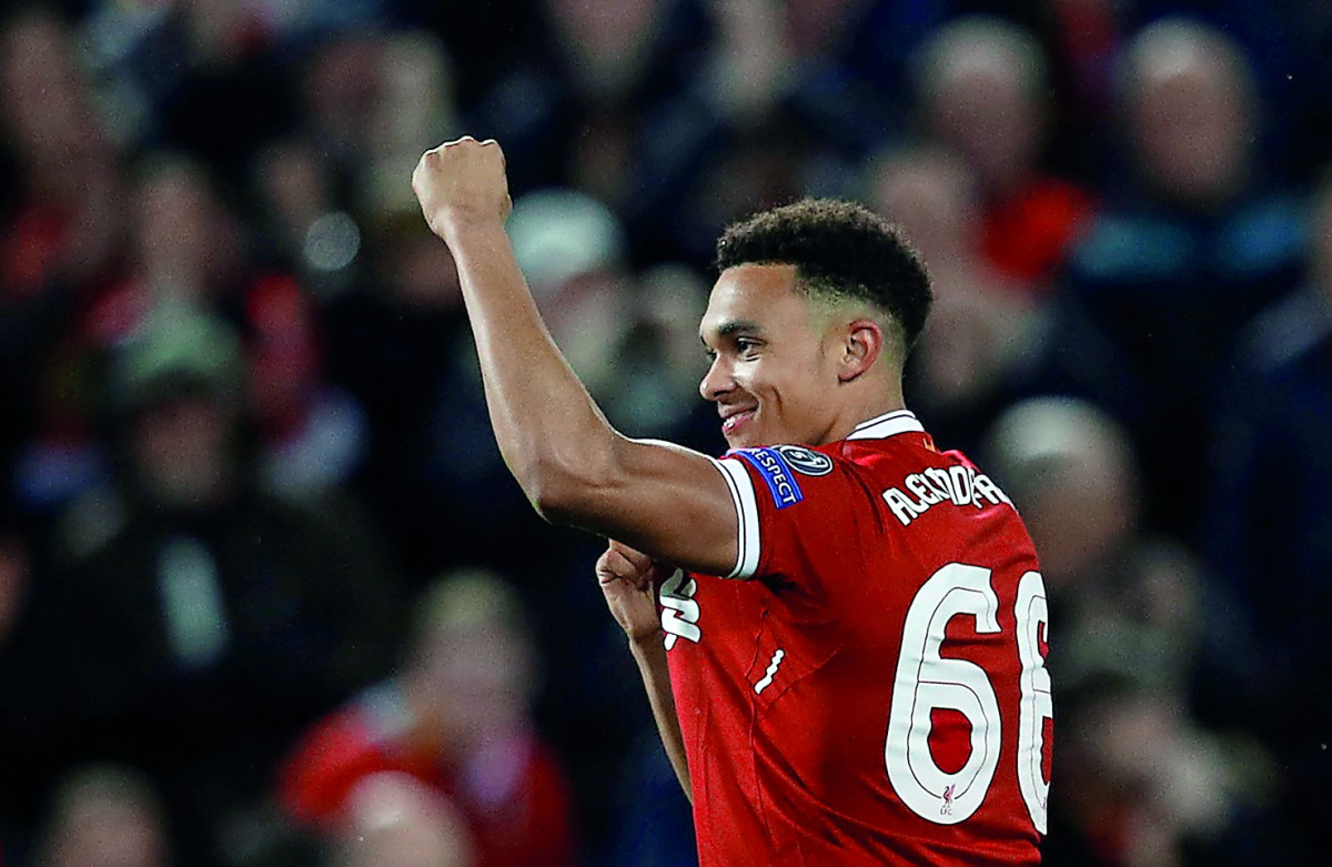 Liverpool's Trent Alexander-Arnold celebrates after a teammate’ scores, April 24, 2018. Reuters/Phil Noble